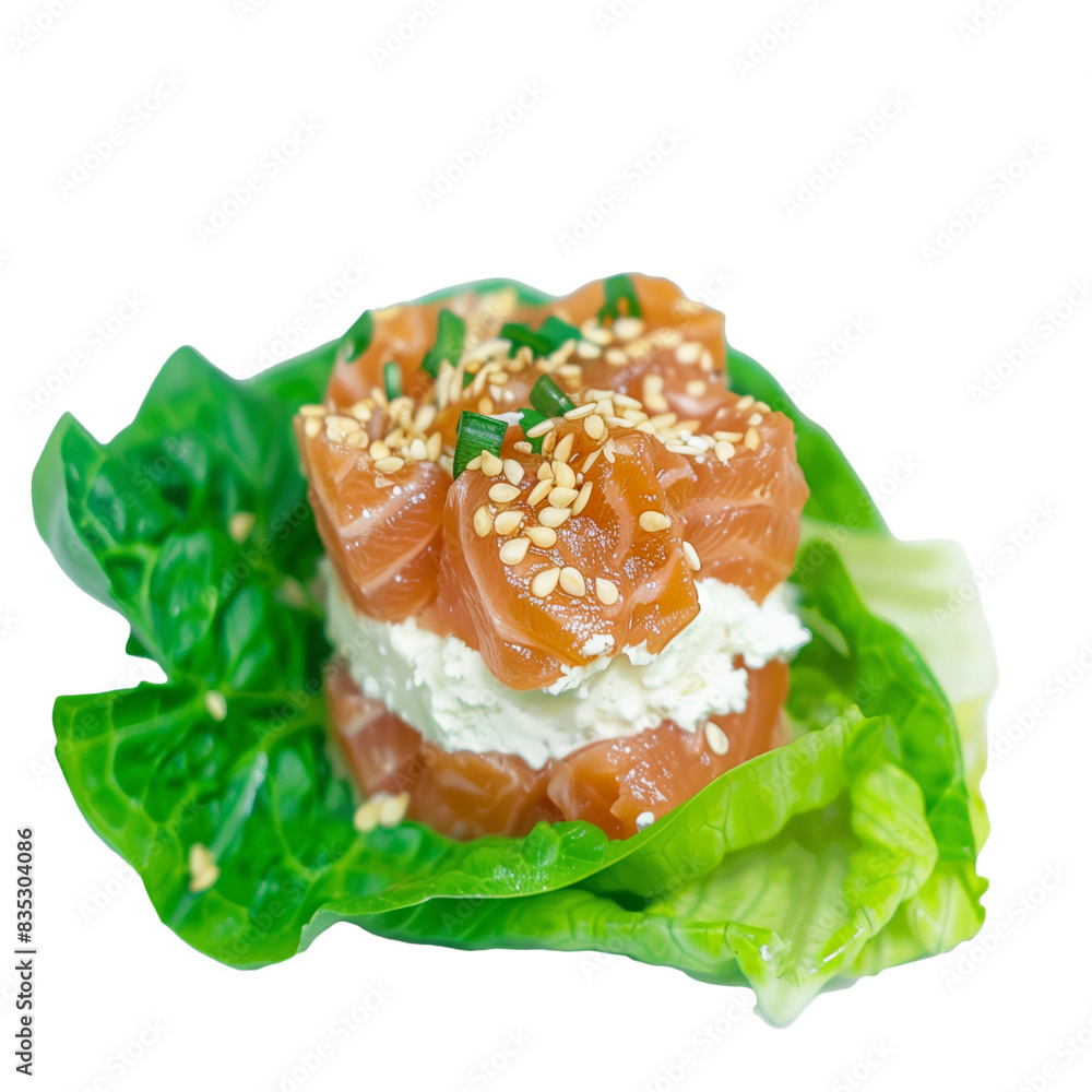 piece of iceberg salad with cream cheese, salmon and sesame on top, isolated on transparent background. piece of iceberg salad with cream cheese, salmon and sesame on top, isolated on transparent background.