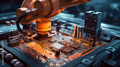 Industrial robot instaling a CPU on a motherboard. Automation in Microchip Manufacturing photo