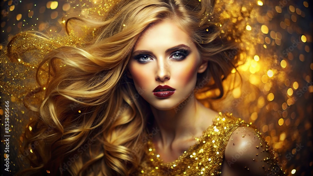 Stunning golden hair cascading in fashion editorial shoot with golden glitter shimmer and dramatic lighting, fashion, editorial, golden, glitter, shimmer, high fashion, composition, lighting
