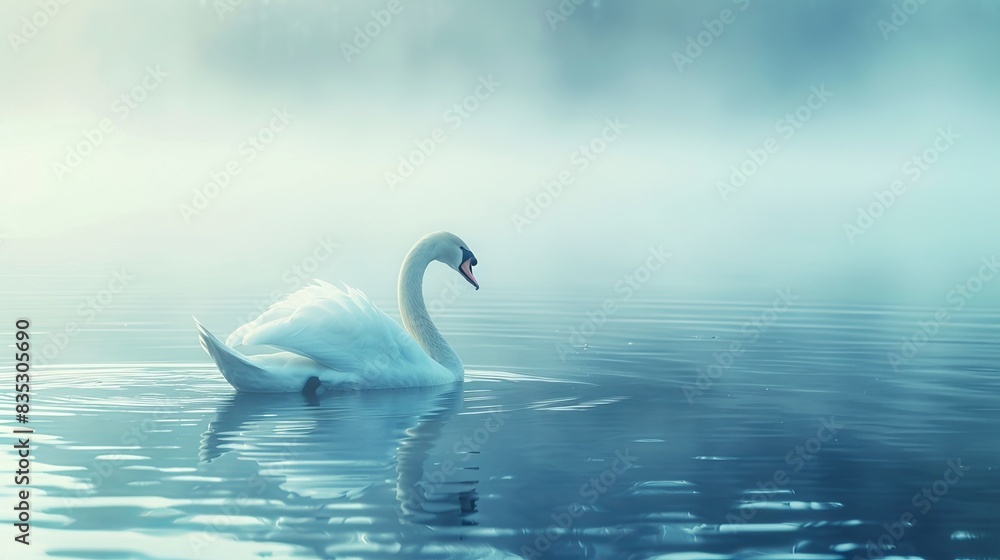 Fototapeta premium Profile of a white swan on a blue misty lake