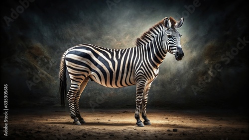 A majestic zebra standing out on a dark canvas  highlighting its beauty and power in the wild  zebra  wildlife  nature  animal  majestic  black and white  stripes  mane  wilderness  safari