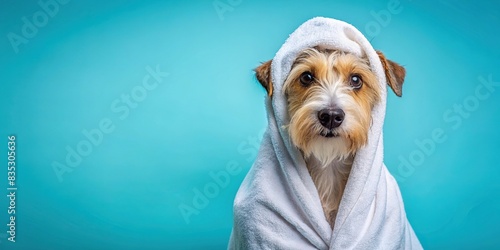 Terrier dog in white towel on vibrant blue background, spa humor concept, terrier, dog, towel, spa, humor, funny, cute, pet, animal, quirky, blue, background, mockup, pampered, adorable photo
