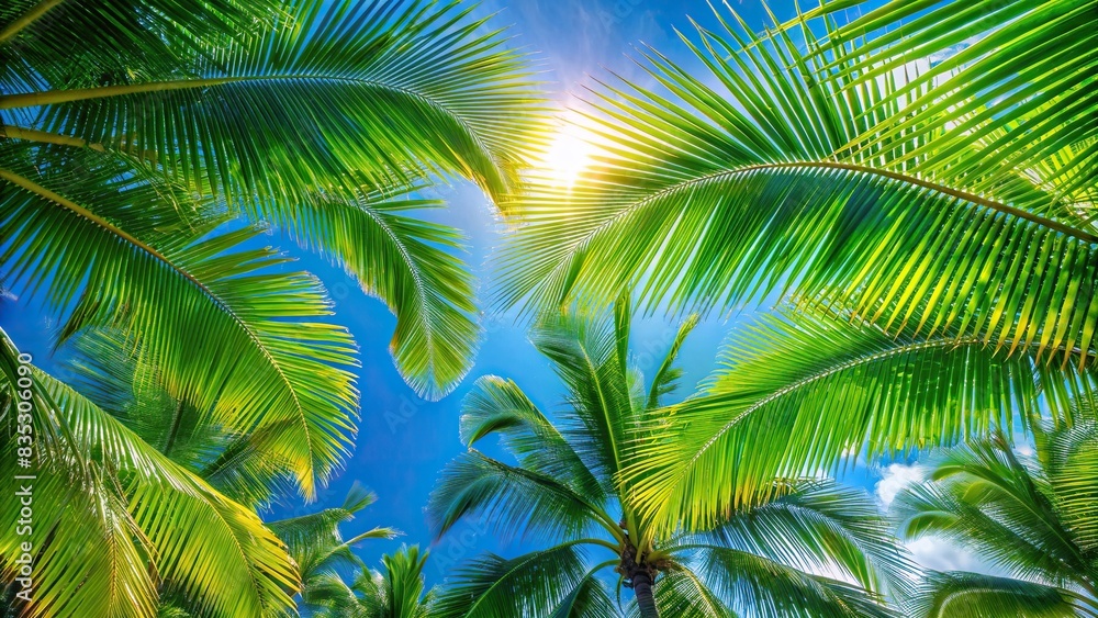 Green palm tree leaves on a clear blue sky background , tropical, exotic, nature, foliage, palm fronds, tropical leaves, botany, lush, vibrant, sunny, summer, vacation, beach, paradise