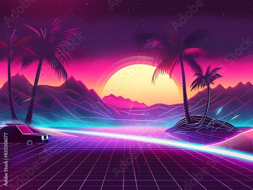 neon palms mountains sun lines  futuristic synthwave sunset landscape  80s 90s digital art style  abstract space planet wallpaper banner card