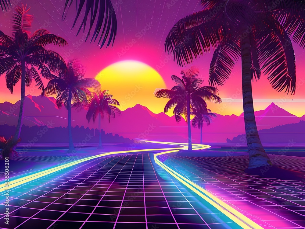 Naklejka premium neon palms mountains sun lines, futuristic synthwave sunset landscape, 80s 90s digital art style, abstract space planet wallpaper banner card
