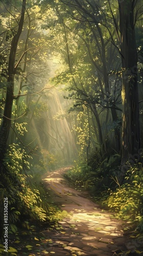 Sunlight filtering through the canopy  illuminating a winding path in a serene forest.