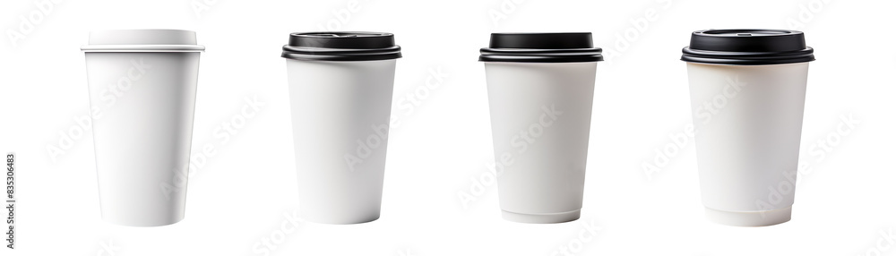 Collection set of Blank white coffee paper cups isolated on transparent background Collection set of Blank white coffee paper cups isolated on transparent background