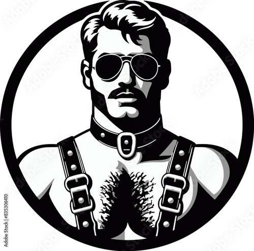 Mustachioed gay man with hairy chest in leather harness, collar and sunglasses in circle. Round graphic LGBTQ symbol (Vector graphics)