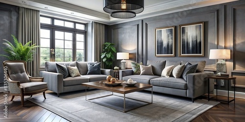 Sophisticated grey background with stylish decor and furniture   elegant  modern  minimalist  interior design  sophistication  chic  upscale  luxury  contemporary  classy  aesthetic  stylish