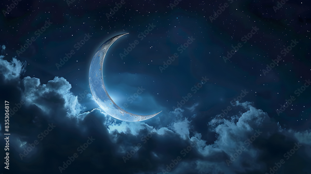 Fototapeta premium Beautiful night sky with crescent moon and clouds. Night background. Blue illumination light