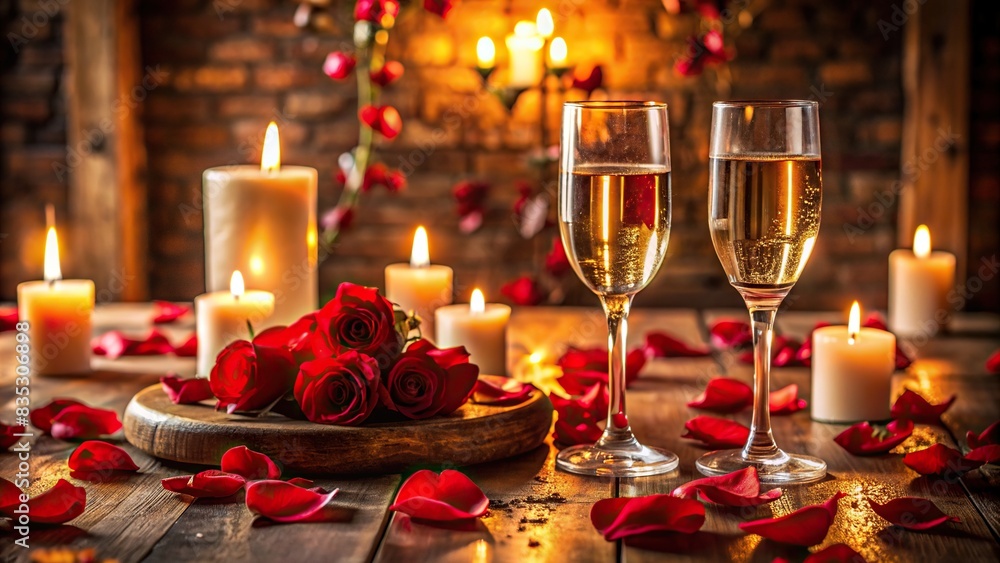 Romantic setting with red rose petals, champagne glasses, and candlelight on antique table, red rose, petals, artful, scattered, antique, wooden table, champagne glasses, delicate
