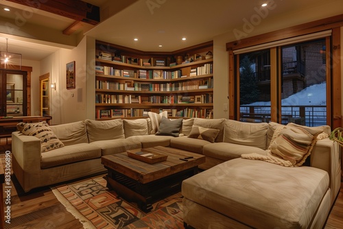 A cozy living room with warm lighting  a large sectional sofa  a wooden coffee table  and a bookshelf filled with books and decor items.