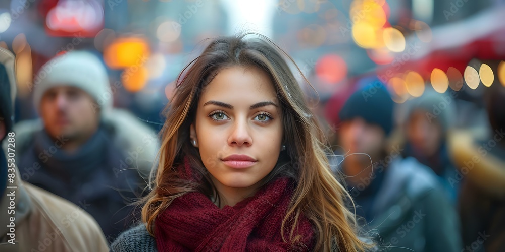 Woman making eye contact with camera in a crowded street. Concept Street Photography, Eye Contact, Woman, Urban Environment, Crowded Street Woman making eye contact with camera in a crowded street. Concept Street Photography, Eye Contact, Woman, Urban Environment, Crowded Street