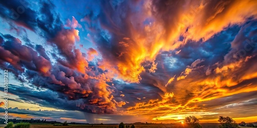 Dramatic evening sky with vibrant time-lapse clouds at sunset and night , sky, clouds, sunset, night, dramatic, colorful, abstract, blend, orange, red, dark, hues, captivating, beauty, natural © Sangpan