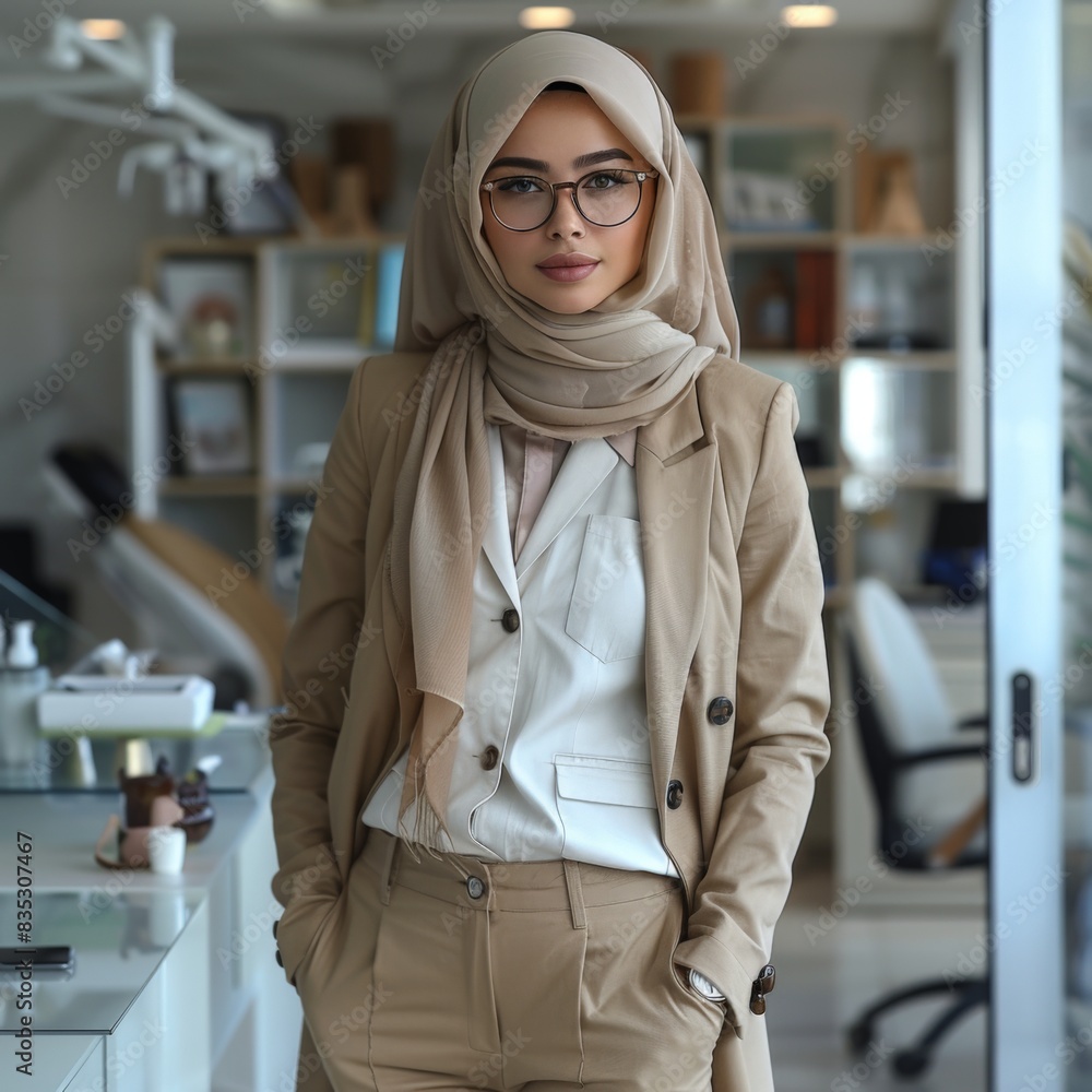 photo of a female dentist wearing a hijab and glasses, wearing trousers wearing a doctor's coat and wearing high heels photo of a female dentist wearing a hijab and glasses, wearing trousers wearing a doctor's coat and wearing high heels