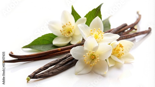 Jasmine and vanilla flowers on a white background, aromatic, perfume, natural, botanical, fragrant, floral, isolated, decoration, skincare, beauty, organic, fresh, scent, blooming, plant
