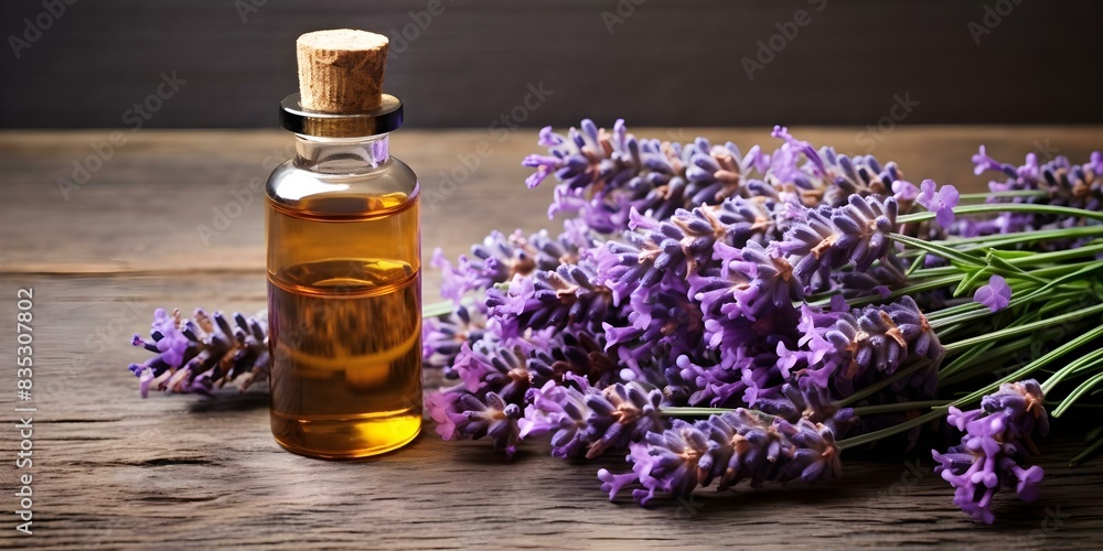 Lavender flowers and essential oils displayed on a rustic wooden backdrop with natural lighting. Concept Nature-inspired setup, Lavender aromatherapy, Rustic wooden display Lavender flowers and essential oils displayed on a rustic wooden backdrop with natural lighting. Concept Nature-inspired setup, Lavender aromatherapy, Rustic wooden display