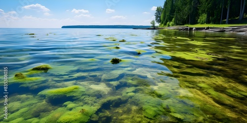 Cyanobacteria, also known as blue-green algae, are responsible for harmful algal blooms in water bodies around the world. Concept Algal Blooms, Water Contamination, Eutrophication photo