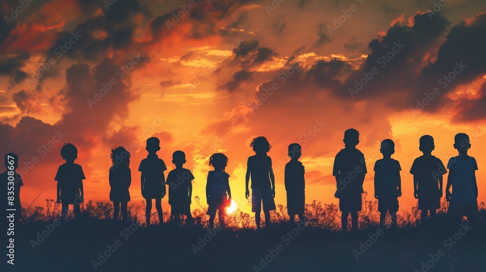 Fototapeta premium Silhouette of a group of refugee children. Themes of responsibility, worship, World Kids Day, prayer, hope, freedom, diversity, faith, World Refugee Day