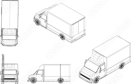 Line drawings of cars traveling in the city and various transportation vehicles from many angles.