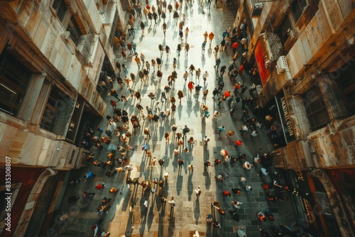 Crowd of people on street bird's eye view photo