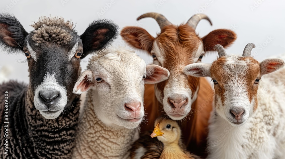Fototapeta premium Goats and a duckling posing together, diversity