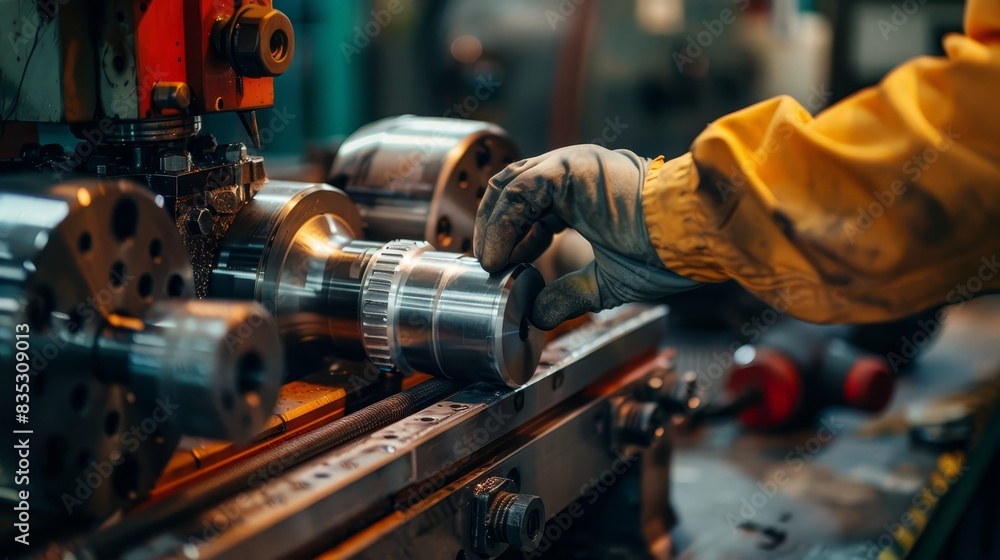 Close-up of a technician's hands adjusting a steel machine part in a tool factory, showcasing precision maintenance and essential upkeep for manufacturing, isolated on white background, copy space Close-up of a technician's hands adjusting a steel machine part in a tool factory, showcasing precision maintenance and essential upkeep for manufacturing, isolated on white background, copy space