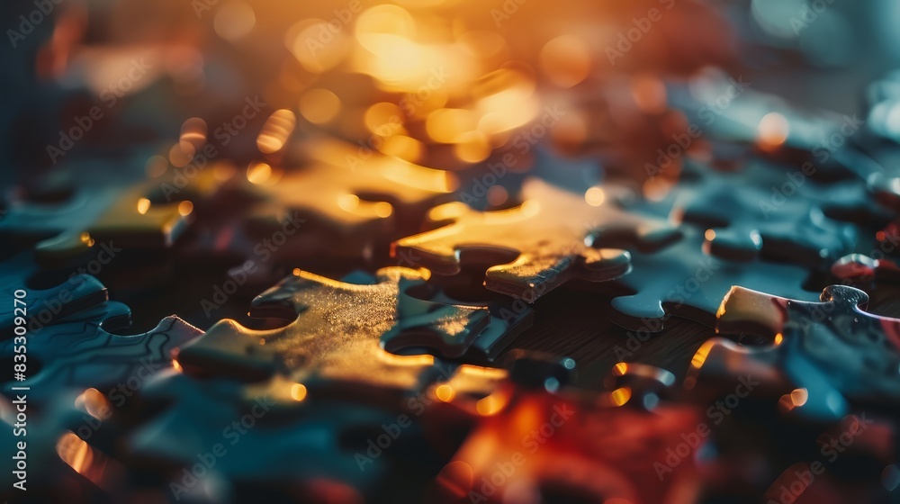 Completing puzzle pieces symbolizing investment strategy and financial success (close up, wealth management theme, whimsical, Fusion, modern office backdrop) Completing puzzle pieces symbolizing investment strategy and financial success (close up, wealth management theme, whimsical, Fusion, modern office backdrop)