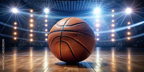 Basketball ball with glowing lights on a basketball court , sports, illuminated, competition, equipment, game, sportsmanship, action, play, teamwork, victory, success, night, outdoor, court