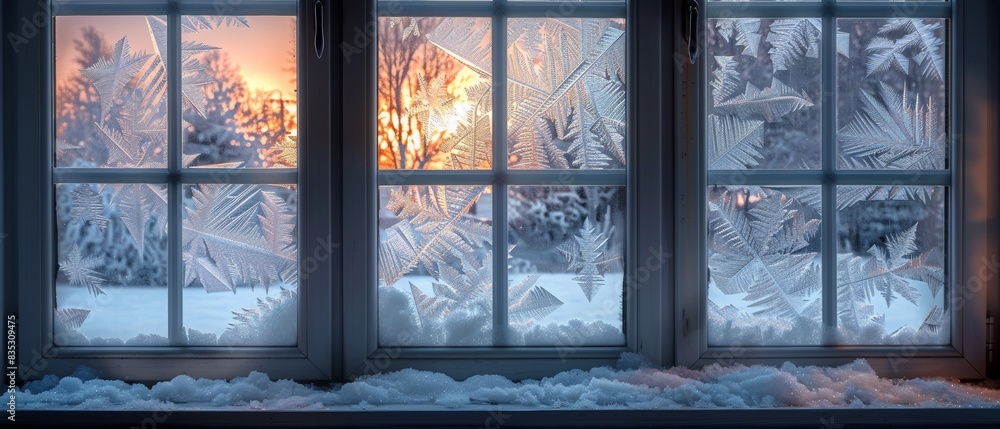 Fototapeta premium Beautiful Winter Frost on Windowpane with Sunrise Light, Nature Background, Icy Patterns, Cold Season, Seasonal Weather, Cool Temperatures, Frosty Glass, Wintertime Scene Image