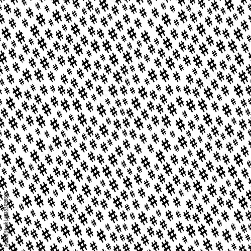 Hand-drawn sharp key signature music symbols diagonally arranged in seamless pattern. Surface art texture in black and white for use in fabric or graphic design or printing on various surfaces.