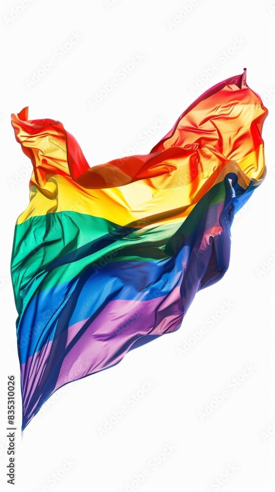 Fototapeta premium Dynamic pop art graphic of an LGBTQ rainbow flag, full of life and color, prominently isolated on a white backdrop,