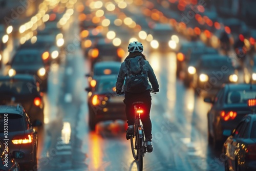 cyclist on a crowded road in a traffic jam © Michael