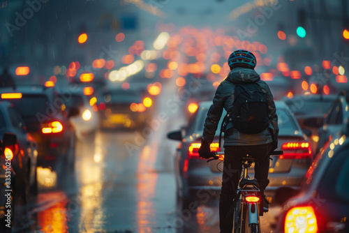 cyclist rides a bicycle through a traffic jam