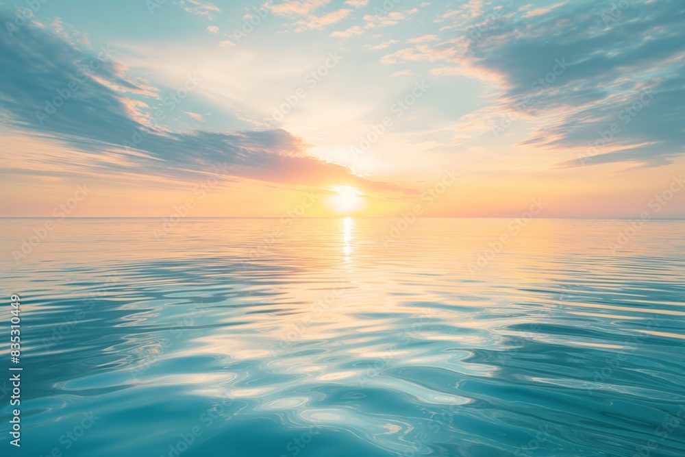 Fototapeta premium The sky meets the water in a stunning sunset, bathing the horizon in golden sunlight.