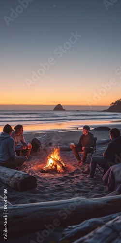 Gathered around the beach campfire at night  friends share in the warmth of nature s embrace.