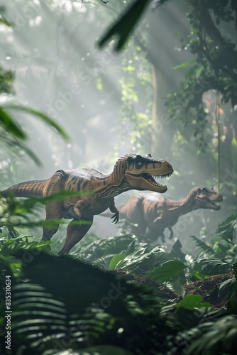 In the primeval forest  dinosaurs  like the Tyrannosaurus Rex  once roamed  epitomizing prehistoric wonders and ferocious predators.