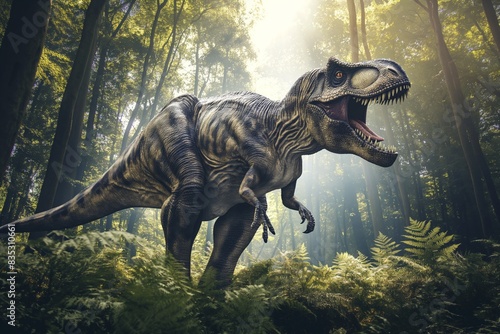 Majestic prehistoric creature  T-Rex  towering in the primeval forest  showcasing its powerful jaws and teeth.