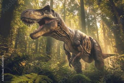 In the primeval forest  a dangerous and realistic T-Rex statue stands  a majestic prehistoric attraction.