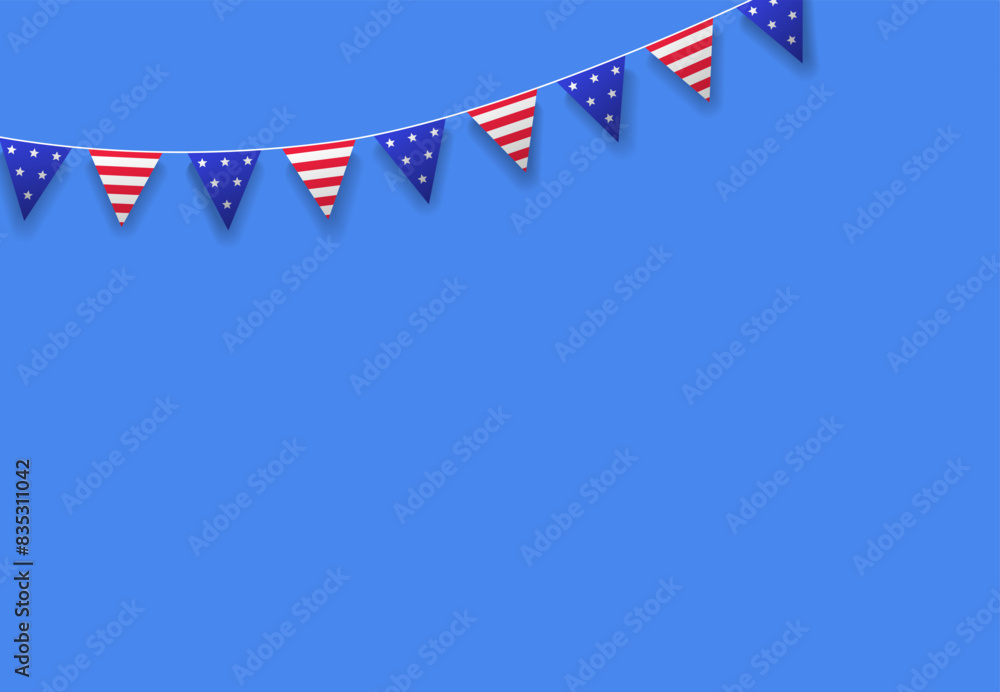 Fototapeta premium Simple bright blue background with bunting American patriotic flags. Independence day party decorations