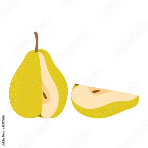 Cut green pear with pear wedge cartoon set. Cross section of cut pear, slices fruit, Hand drawn trendy flat style isolated on white. Vector illustration