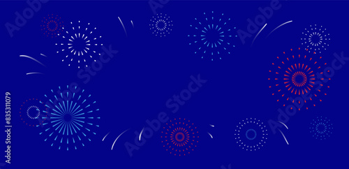 Bastille day background. Vector horizontal illustration with festive fireworks on blue