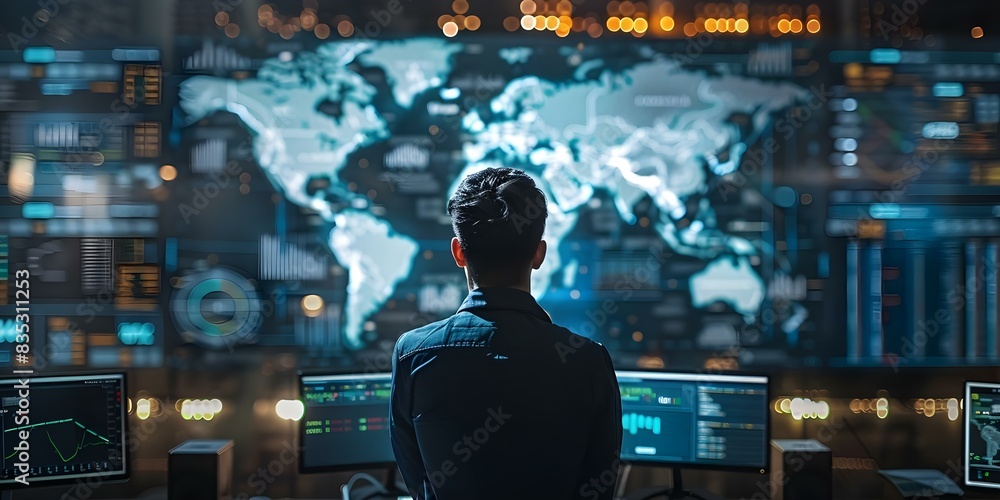 Man stands in front of world map and computers with cybersecurity team. Concept Cybersecurity Team, World Map Background, Professionals at Work, Tech Industry, Global Protection Man stands in front of world map and computers with cybersecurity team. Concept Cybersecurity Team, World Map Background, Professionals at Work, Tech Industry, Global Protection