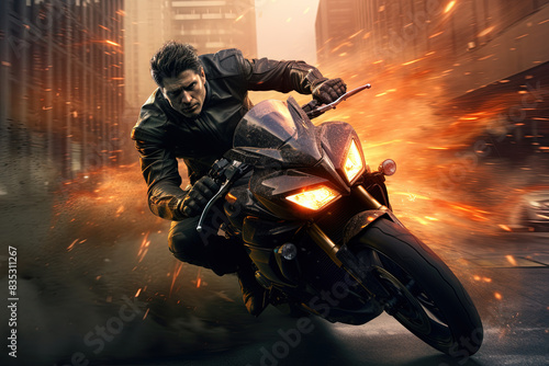 Action shot with man riding away from explosion on bike. Dynamic scene with fire in action movie blockbuster style
