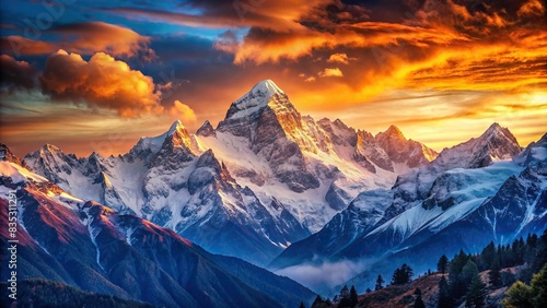 Beautiful Himalayan sunrise over snow-capped mountains, Himalayas, sunrise, snow, mountains, scenery, landscape, tranquil, peaceful, dawn, sky, clouds, orange, blue, panoramic, majestic