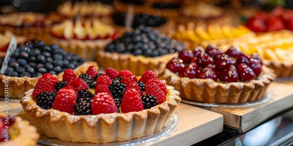 Display of Gourmet Fruit Tarts and Pies in a Dessert Shop. Concept Dessert Display, Fruit Tarts, Gourmet Pies, Dessert Shop, Sweet Treats Display of Gourmet Fruit Tarts and Pies in a Dessert Shop. Concept Dessert Display, Fruit Tarts, Gourmet Pies, Dessert Shop, Sweet Treats