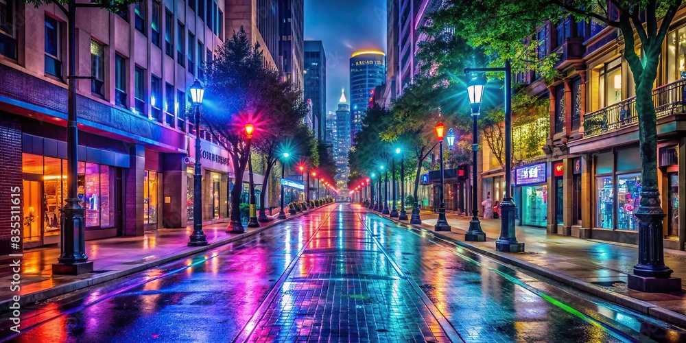 Night city street with glowing neon lights and empty sidewalks, urban, cityscape, night, lights, illuminated, buildings, architecture, empty, sidewalks, road, nightlife, neon, vibrant