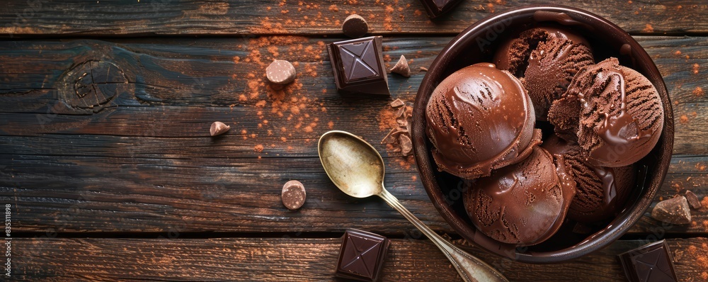 Delicious chocolate ice cream in a chocolate cup surrounded by cocoa and pieces. Delicious chocolate ice cream in a chocolate cup surrounded by cocoa and pieces.