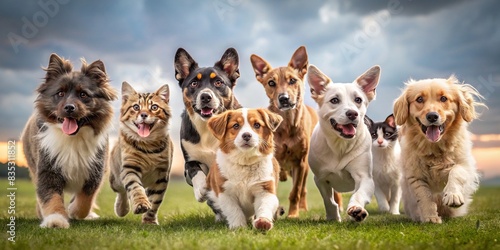 A group of diverse pets running towards the camera , dogs, cats, parrot, turtle, hamster, rabbit, diverse breeds, animals, action, motion, lively, energetic, fun, furry, feathered, shell