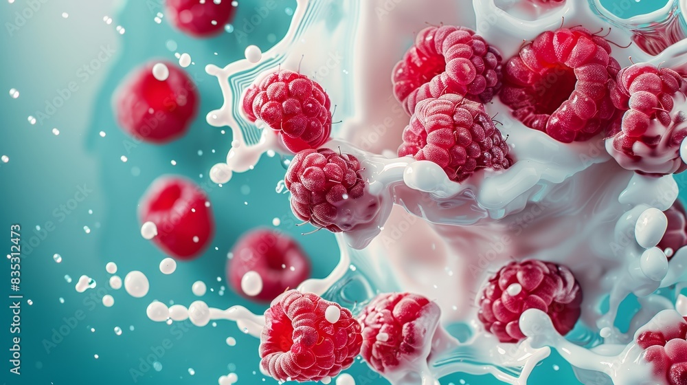 Dynamic Yogurt Splash with Fresh Raspberries Against Vibrant Teal Background for Food Design Dynamic Yogurt Splash with Fresh Raspberries Against Vibrant Teal Background for Food Design